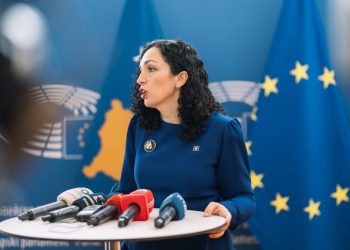 President of Kosovo Vjosa Osmani at a press conference in Strasbourg