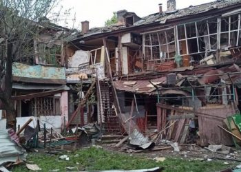 The destroyed house of Larysa Kuzora's parents in Odesa
