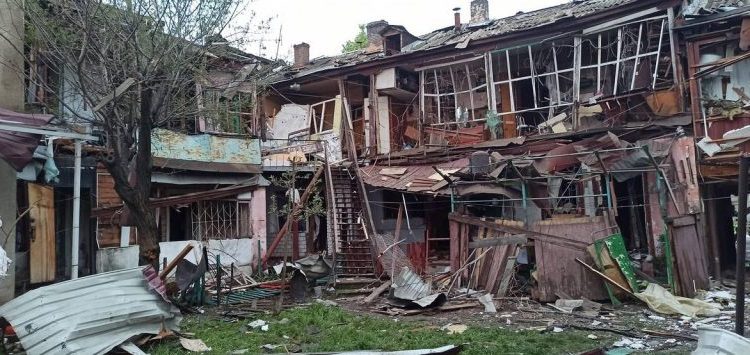 The destroyed house of Larysa Kuzora's parents in Odesa