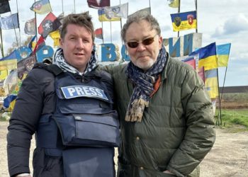 Oleksandr Pavlov with one of the authors of the movie/French journalist Alain Pirot, near the front-line town of Orikhiv