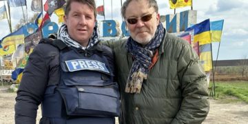 Oleksandr Pavlov with one of the authors of the movie/French journalist Alain Pirot, near the front-line town of Orikhiv