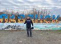 Yevhen Khrypun in protective gear during a trip to Sloviyansk