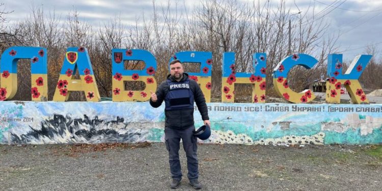 Yevhen Khrypun in protective gear during a trip to Sloviyansk