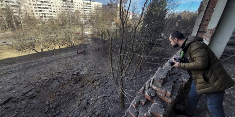 Ukraine: Four years into full-scale invasion, journalism remains a deadly profession 1 Shell crater following a missile explosion near a school in Lviv, western Ukraine