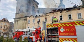 Aftermath of the strike on the historic center of Lviv, the unofficial capital of western Ukraine. Photo: Getty Images