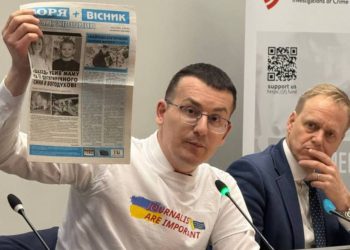Sergiy Tomilenko spoke at the International Media Freedom Forum in London. Photo by NUJU