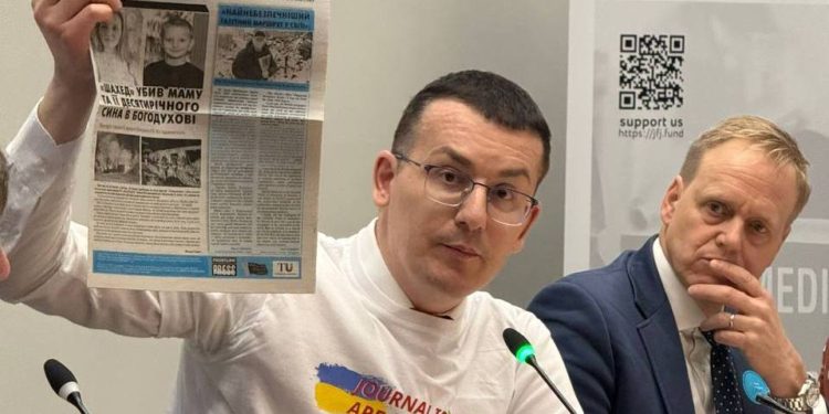 Sergiy Tomilenko spoke at the International Media Freedom Forum in London. Photo by NUJU