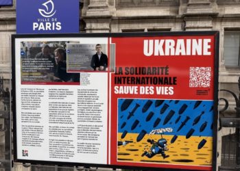 One of the key exhibition panels marking the 100th anniversary of the International Federation of Journalists (IFJ) in central Paris, dedicated to solidarity with Ukrainian journalists.
Photo: Sergiy Tomilenko