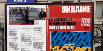 One of the key exhibition panels marking the 100th anniversary of the International Federation of Journalists (IFJ) in central Paris, dedicated to solidarity with Ukrainian journalists.
Photo: Sergiy Tomilenko