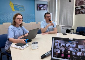 NUJU adopts the experience of the Swedish Union of Journalists (SJF). NUJU President Sergiy Tomilenko and NUJU First Secretary Lina Kushch during an online meeting with Victoria da Silva. Photo by NUJU